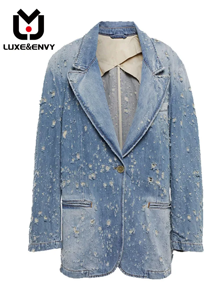 

LUXE&ENVY Worn Denim Jacket Women New Full Body Pierced Long Sleeved Lapel Suit 2023 Autumn