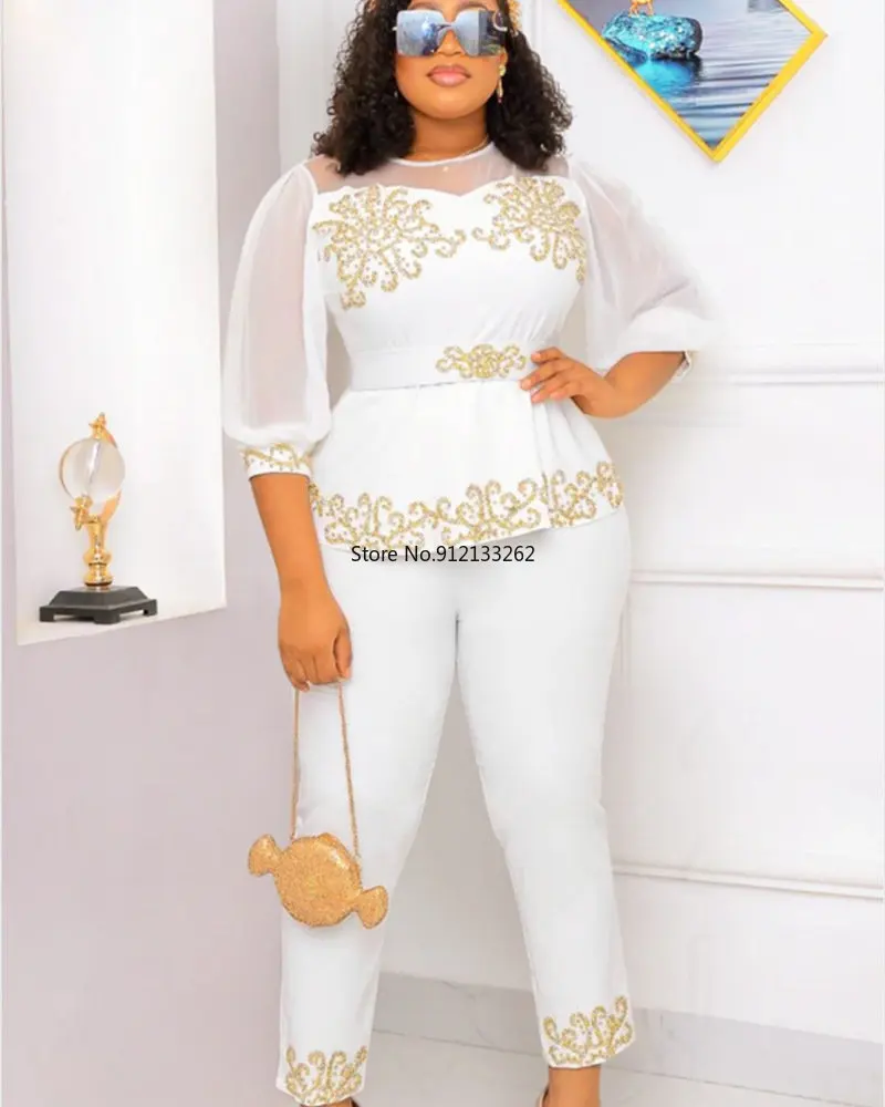 

African Clothes Women Summer African Women Printing Polyester Two Pieces Sets Top and Long Pant African Women Suit