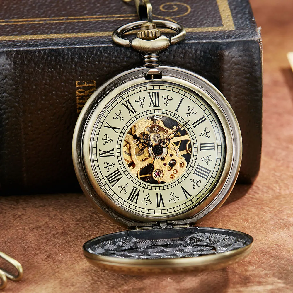 Retro Hollow Bird Flower Sculpture Mechanical Pocket Watch Bronze Unique Skeleton Lucky Symbol Mechanical Pocket Watch Fob Chain
