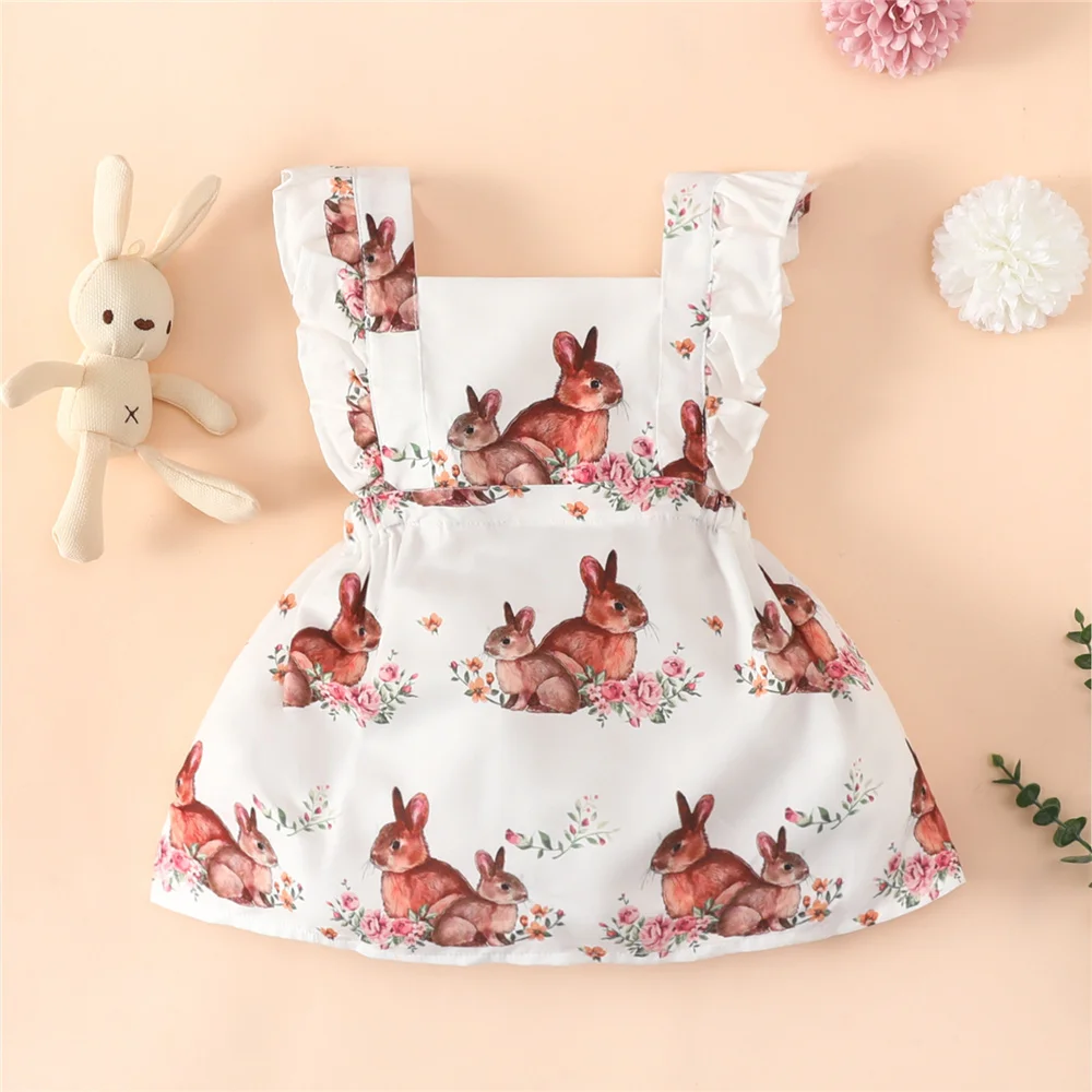 

Newborn Girls Easter Bunny Print Dress Toddler Baby Rabbit Pattern Cross Back Tie-up Princess Dresses Infant Summer Clothes