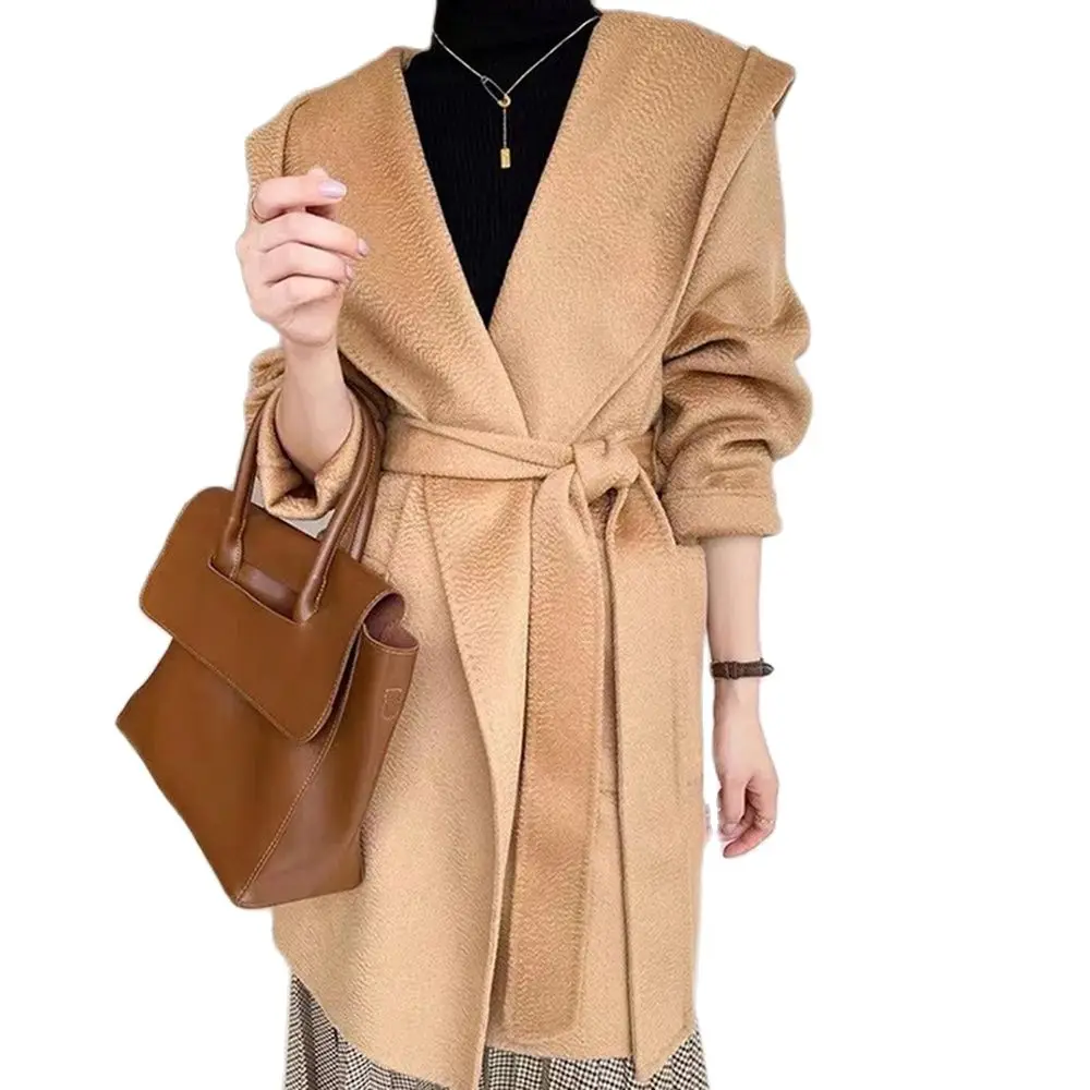 

Women Hoodie Woolen Coat For Autumn Winter Water Ripple Double-sided Hooded Wool Outwear With Belt Blends Turndown Collar V Neck