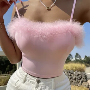 Pink Sexy Plush Collar Short Halter Top Vest Sling Women's Fashion Personality Tops Femme Vetement H in India