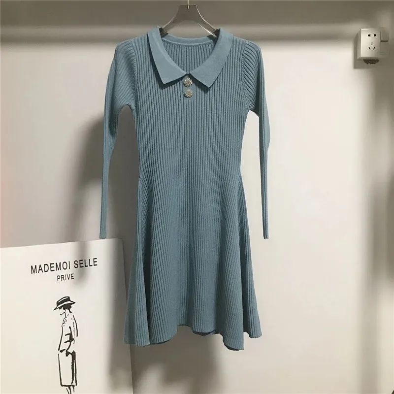 

Women Dress Black Beige Knitted Midi Dress Long Sleeve A-Line High Waist Casual Dress Spring Autumn Winter Vestidos