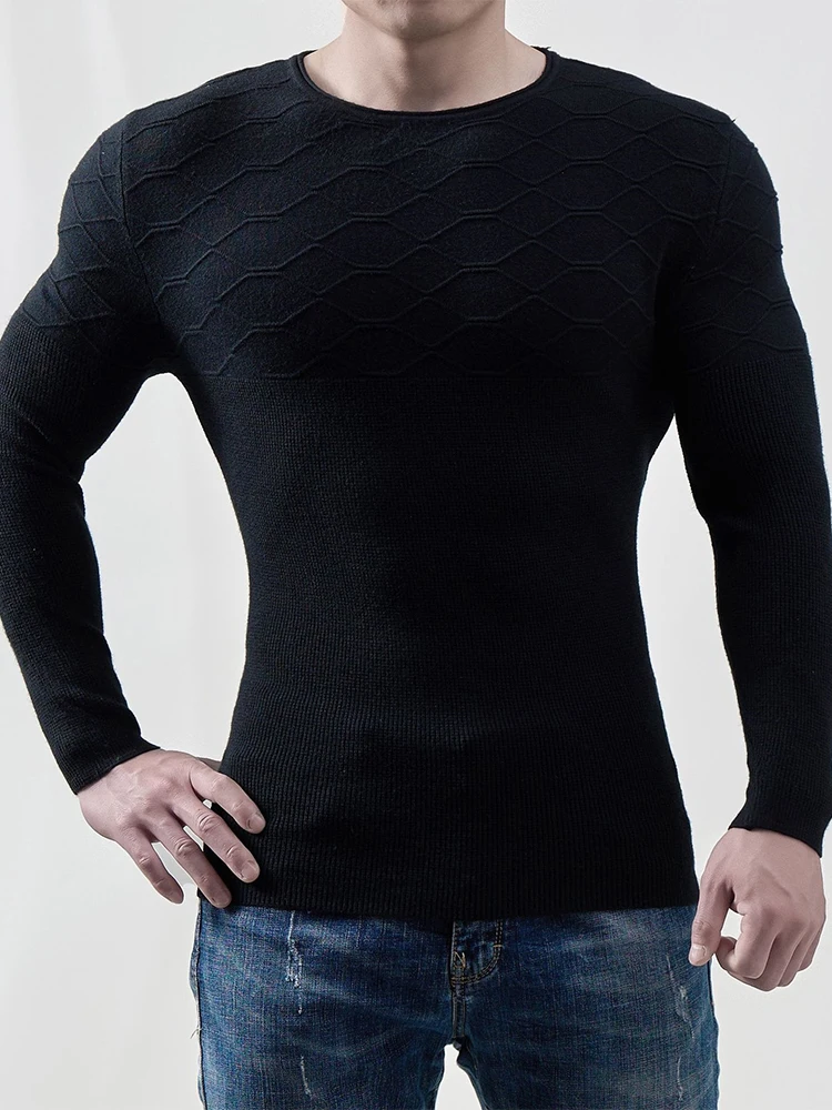 

Fashion Solid Ribbed Knitted Sweater Men Autumn New Long Sleeve Slim Elastic Jumper 2022 O Neck Slim Pullover Mens Basic Tops