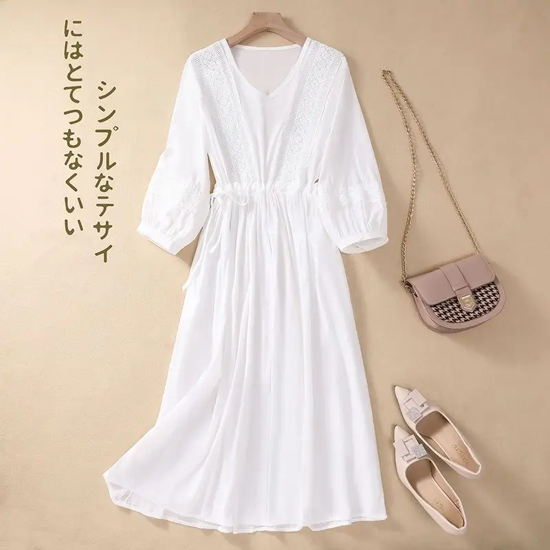 

Summer Dresses Woman 2023 Retro Loose Cotton Linen Solid Color Mid-length High Short-sleeved Dress Elegant Casual Women Robe