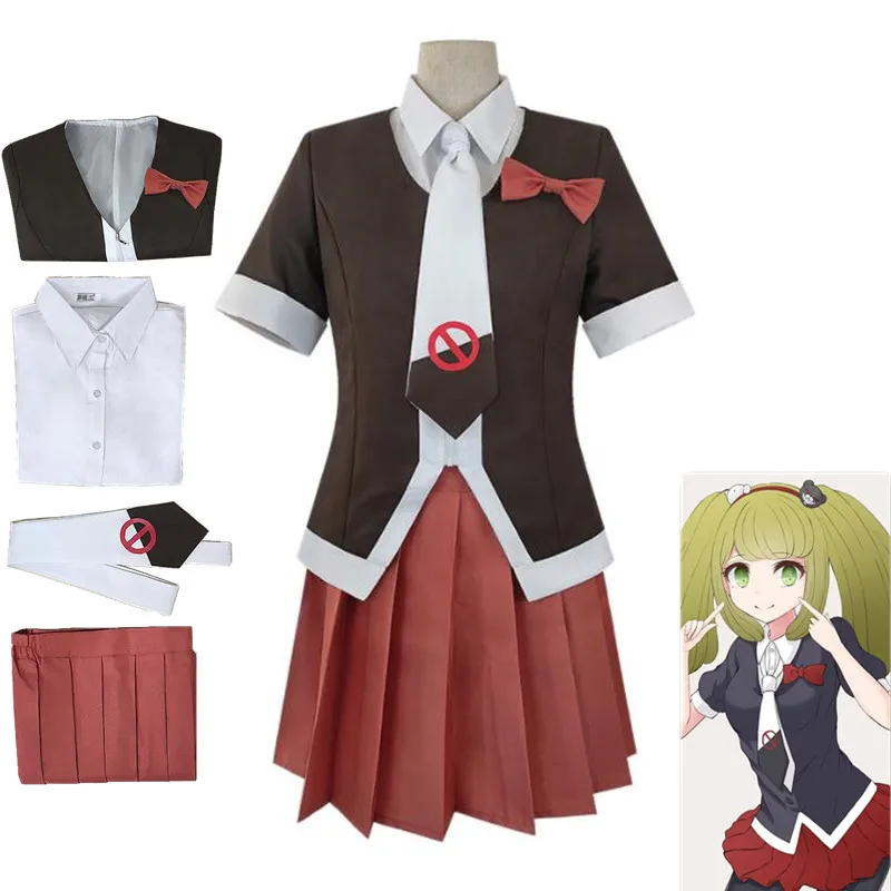 

Game Danganronpa Cosplay Monaka Women Short Sleeved Top Shirt Pleated Skirt Uniform Suit Necktie Bowknot Halloween Costumes Gift
