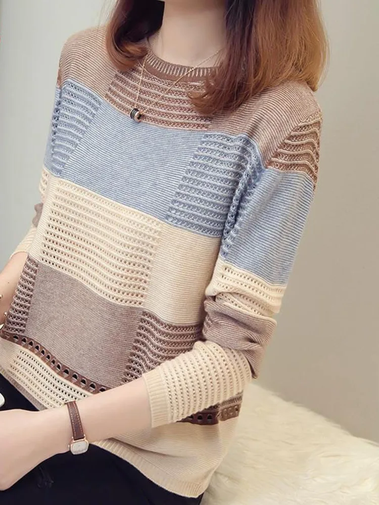 

Knitted Women Sweater Pullovers V-Neck Sweaters Design Color Block Comfortable Basic Soft Pullover Top Spring Autumn