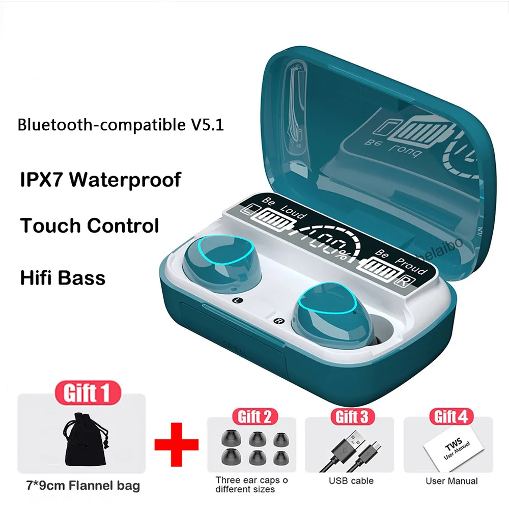

M10 TWS Wireless Headphones Touch Control Bluetooth-Compatible 5.1 Earphones Wireless Headset Waterproof 9D Hifi Quality Earbuds