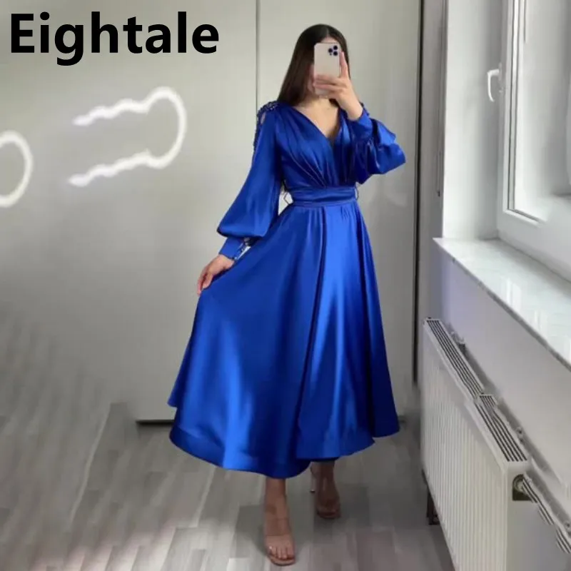 

Eightale 2022 Tea Length Evening Dress Royal Blue Satin Formal Arabic Puff Sleeve Short Prom Party Gown Dubai Robe Soirée Femme