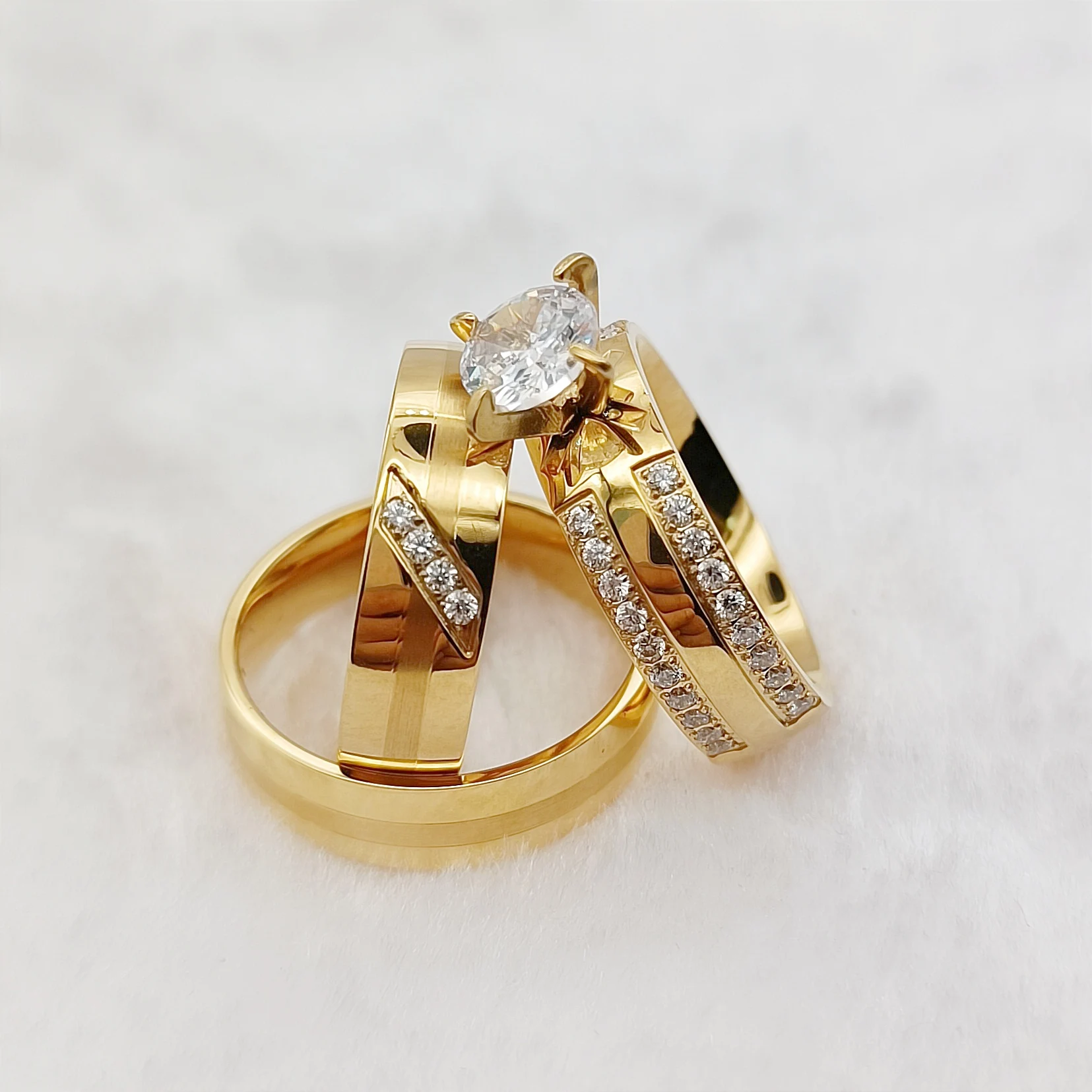 

3pcs Bridal Promise Wedding Engagement Rings Sets For Couples cz diamond 24k Gold Plated Jewelry Alliance