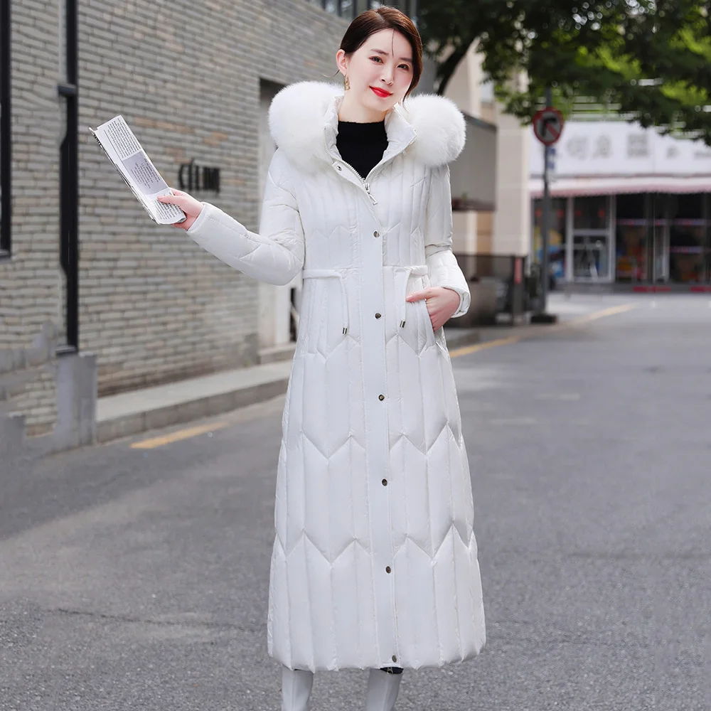New Women Dress-style Down Coat Winter Fashion Real Fox Fur Collar Lengthened Thicken Down Jacket Detachable Hooded Overcoat