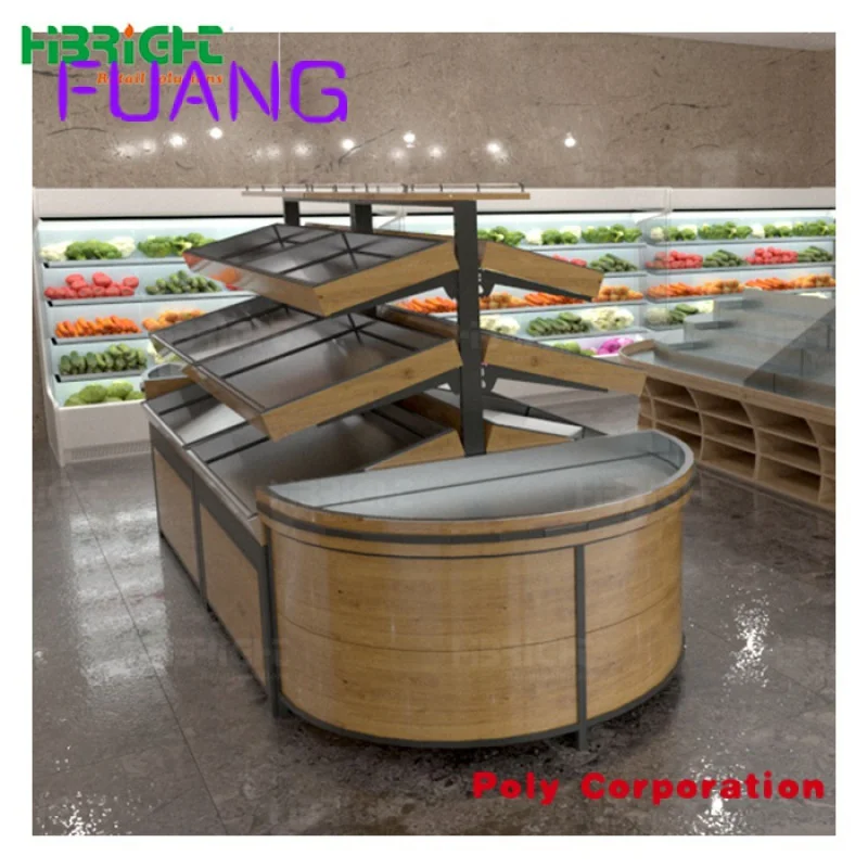 Wholesale ODM OEM Wooden Produce Display Stand Fruit and Vegetable Rack for Supermarket
