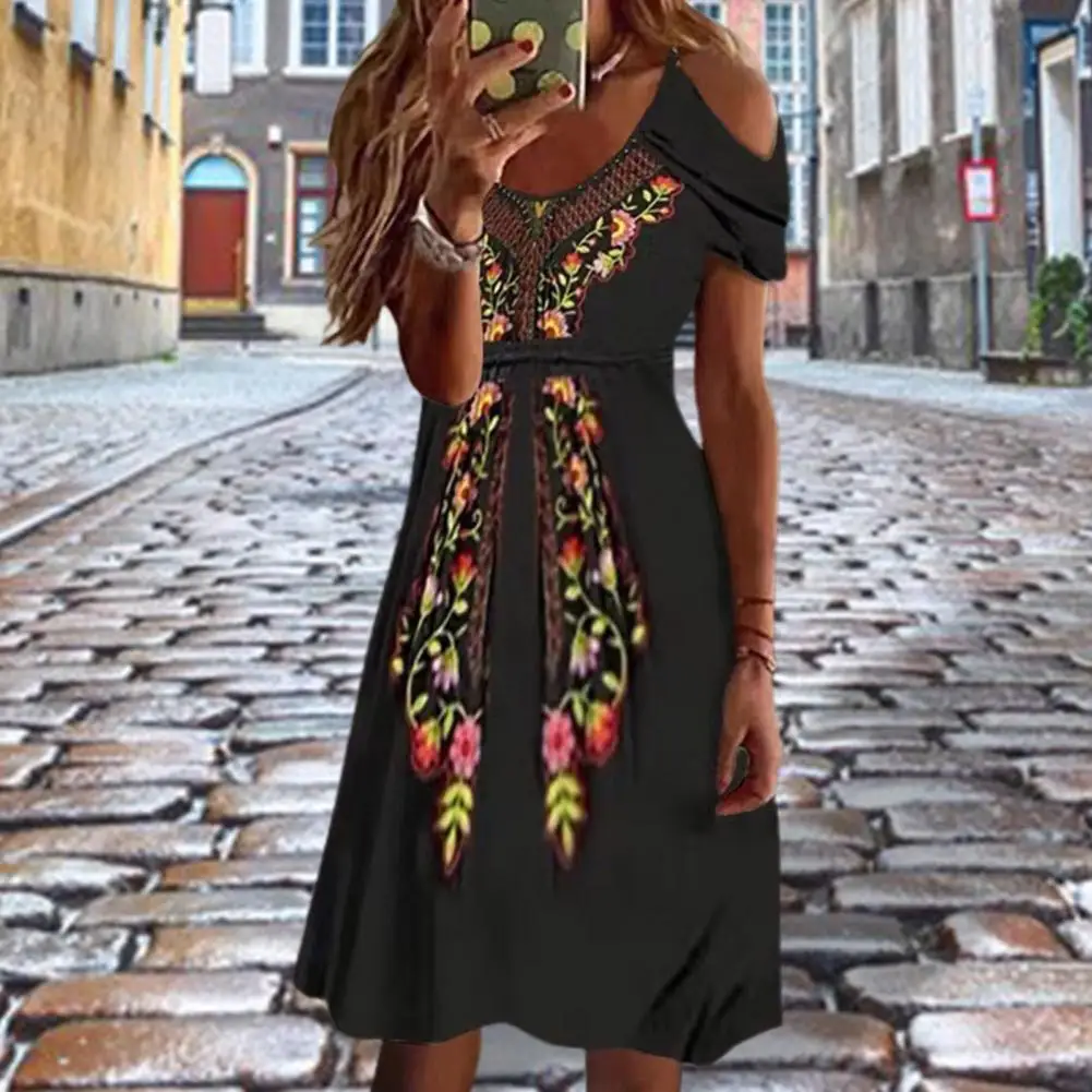 

Women Sundress Short Sleeve Party Dress Floral Knee Length Dress