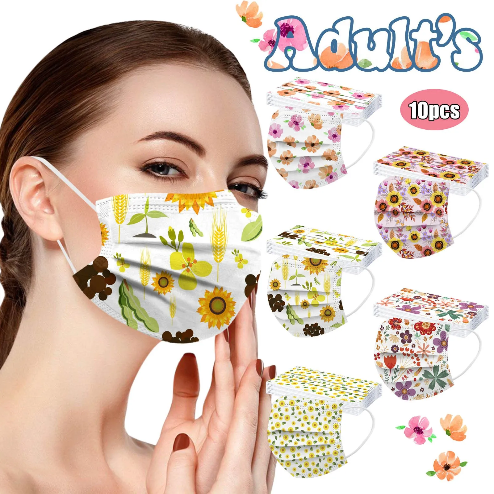 

10 PC Adult's Disposable Face Masks Flower Prints Earloop Bandage 3 Ply Filter Protection Mask Party Decoration Facemask Masques