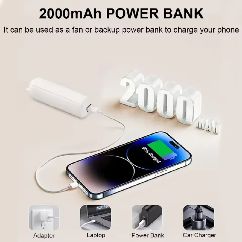 Фото Мини-портативный вентилятор 2000 мАч, USB-перезаряжаемый, 3-скоростной, ручной, складной, дорожный вентилятор с функцией повербанка для охлаждения №4