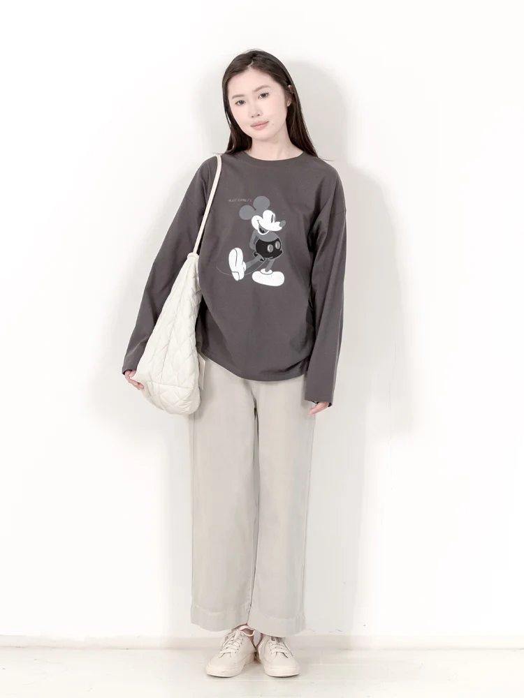 Kngs Autumn Japan fashion Retro Sle Creative Print Mickey round Neck Long sleeve Cotton Base Shirt T-shirt Women's Top