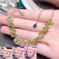 meibapj natural peridotpink crystalaquamarine flower bracelet 925 silver green stone bangle for women fine wedding jewelry