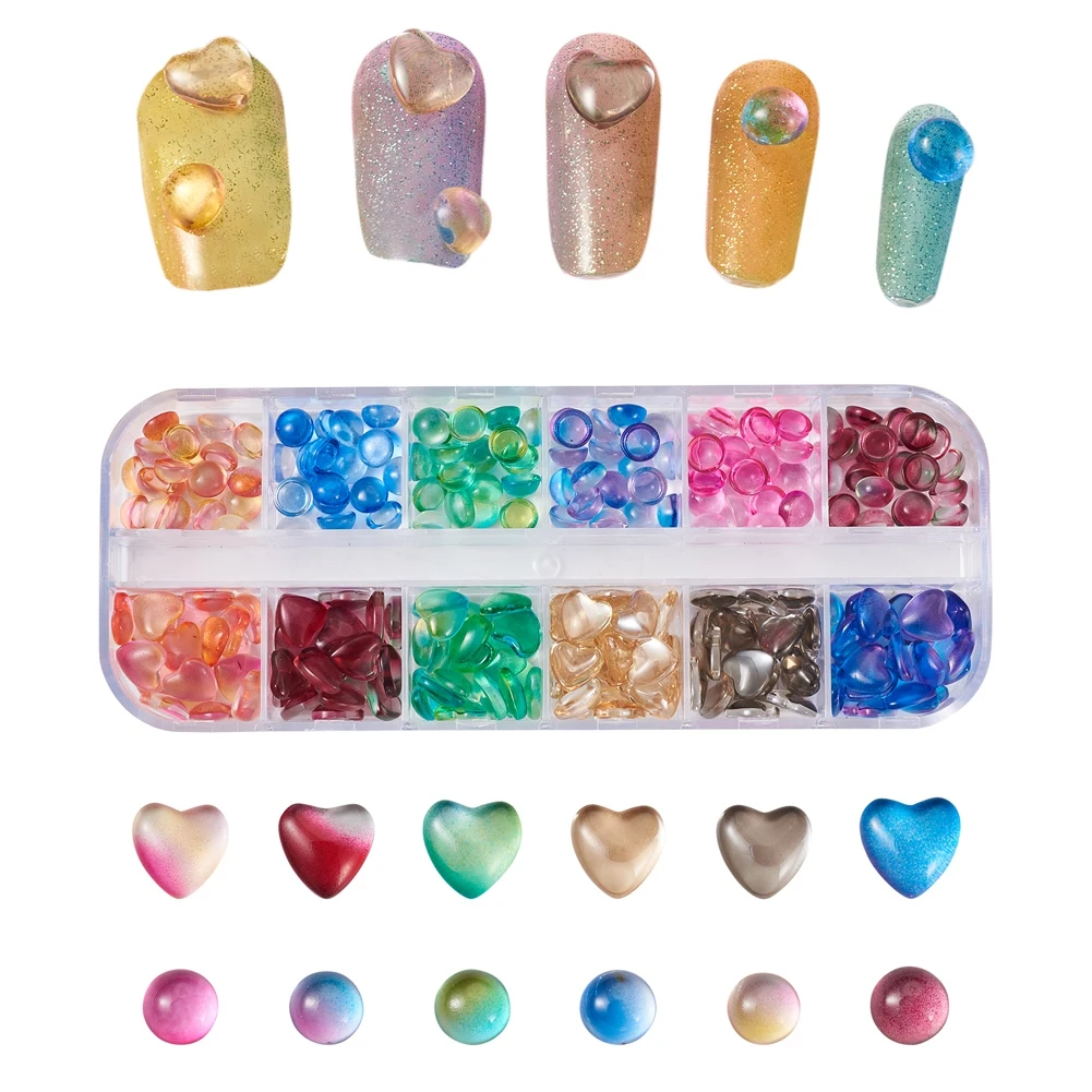 

240Pcs Nail Art Glass Cabochons Half Round & Heart Cameo Charms For DIY Jewelry Making Crafts Accessories Manicure 6~8x6~8x3mm