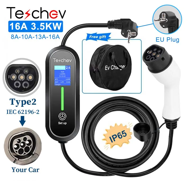 Teschev Portable EV Charger Type2/Type1 J1772 16A 3.5kW Charging Cable CEE7/7 Plug LCD Screen for Electric Vehicle Car Charging