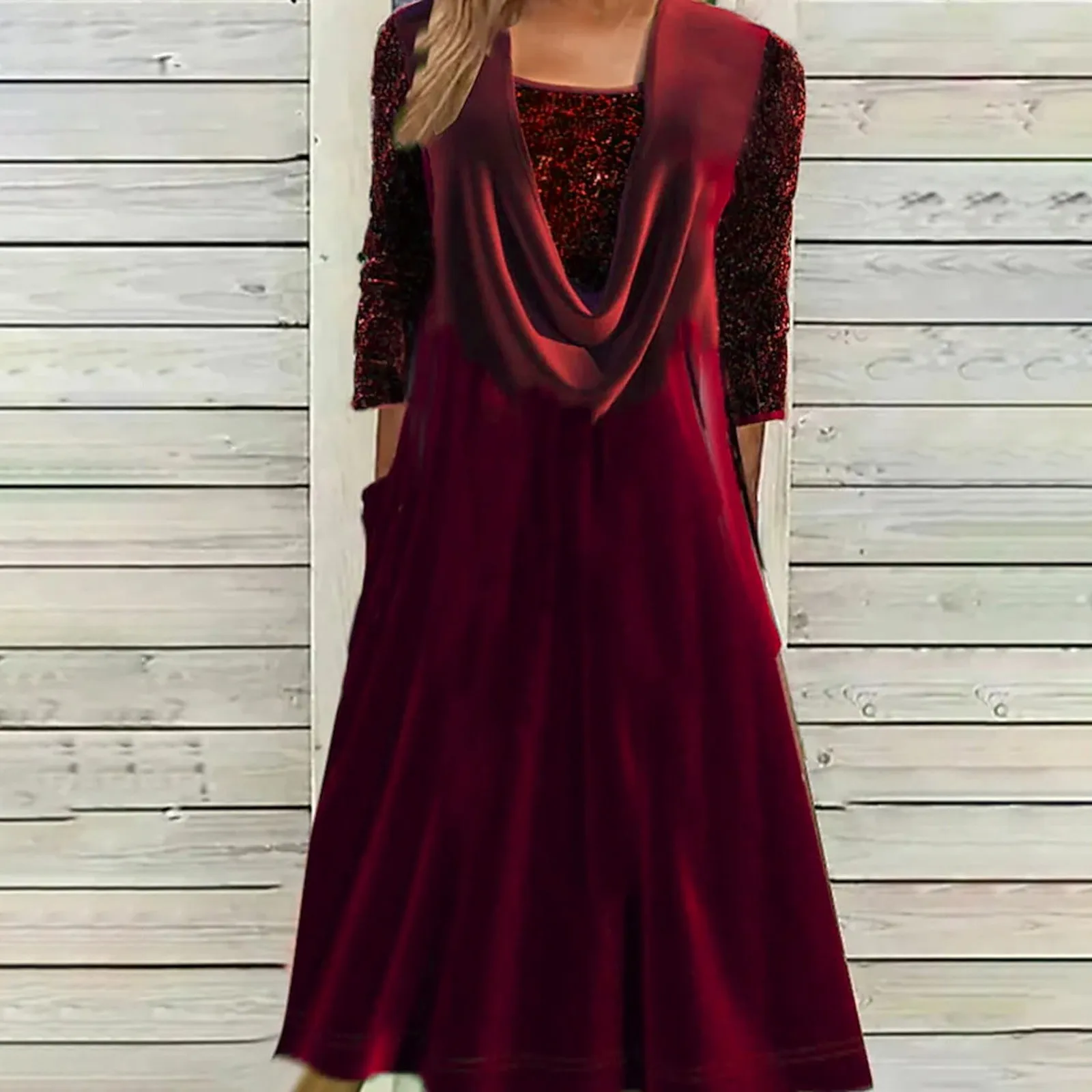 

Fashion Women Swing Hem Velvet Dress Spring Ladies Party Midi Dress Vestidos Women Velour Dress Long Sleeve Slim Tops Red