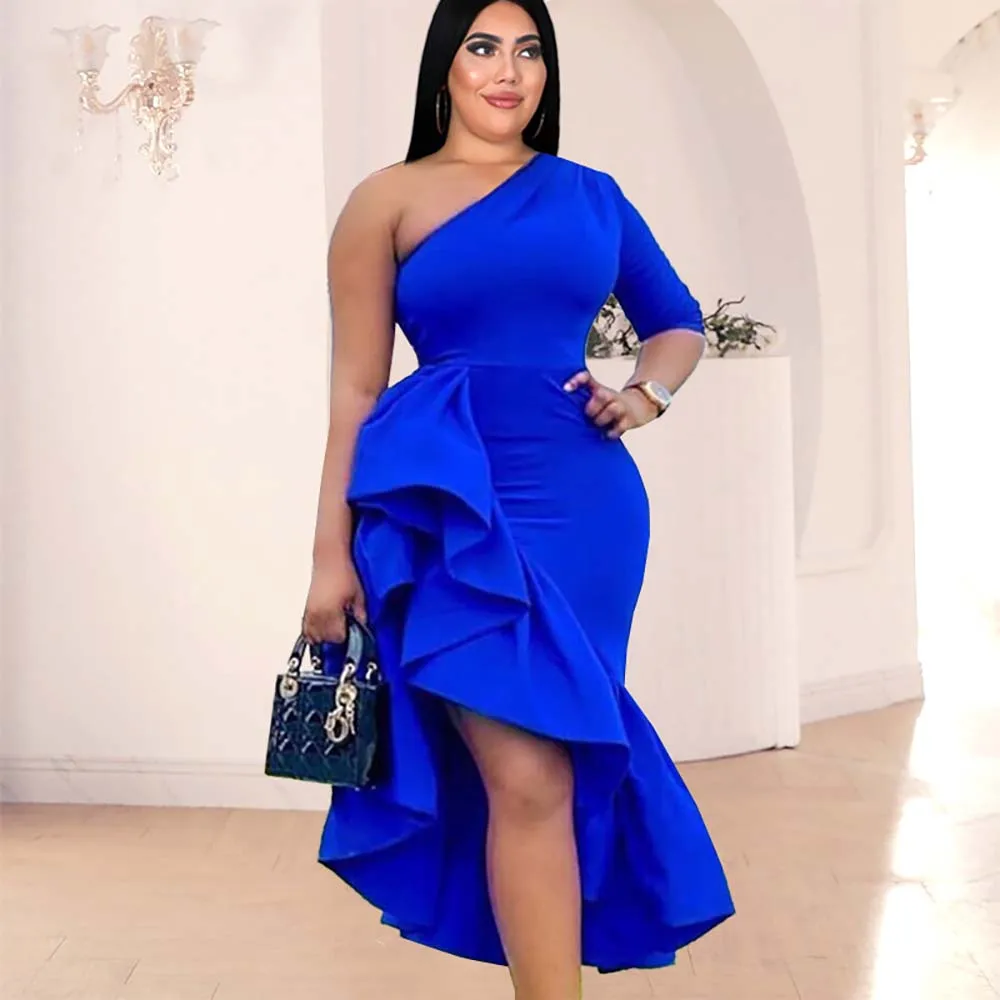 

Women's Dress Solid Color Sexy Slanted Shoulder Short-sleeved High-waisted Ruffled Party Banquet Suit Fashion Spring Fall Dress