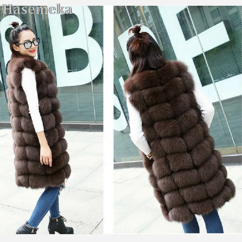 Natural Fox Fur Vest Coat 90CM Long Fur Outerwear Women Fashion Fur Jacket Slim Leather Grass Overcoat Lady Fox Vest Winter Fall