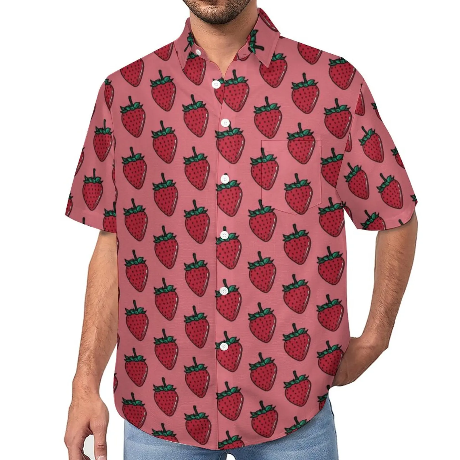 

STRAWBERRY TEA ROSE Casual Shirts Fruit Vacation Shirt Hawaiian Stylish Blouses Mens Print Plus Size