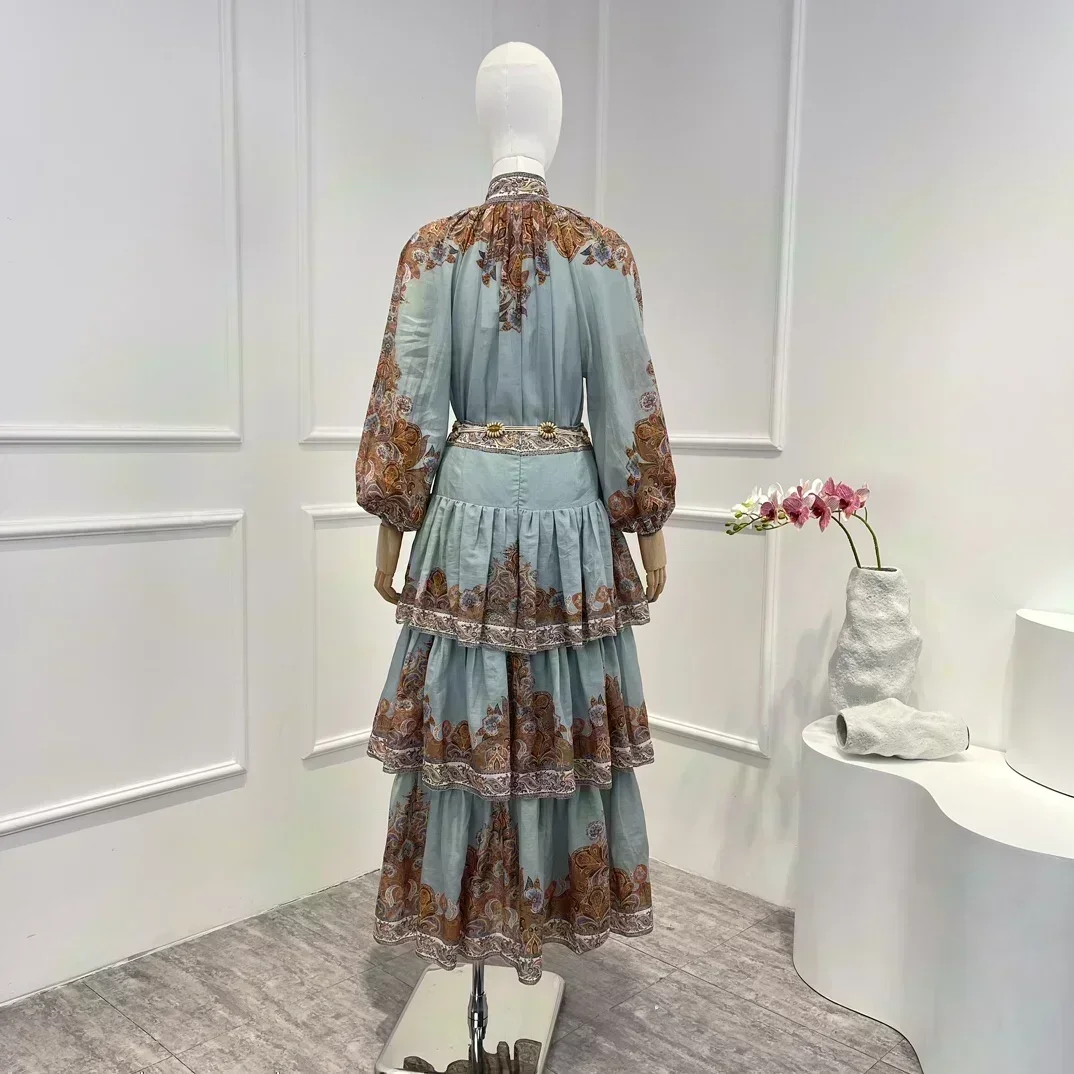 Self Bow Tie 2024 синяя юбка-миди Ramie с принтом пейсли каскадная плиссированная и блузка