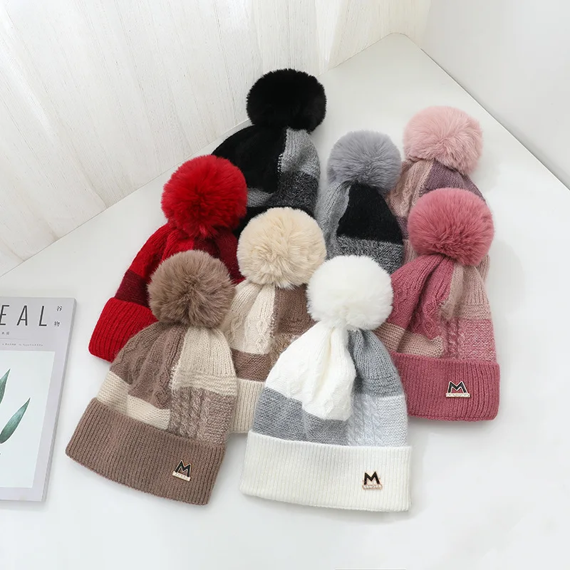 

Fashionable fur ball rabbit fur hat women winter cute all-match knitted hats warm ear protection color matching wool cap