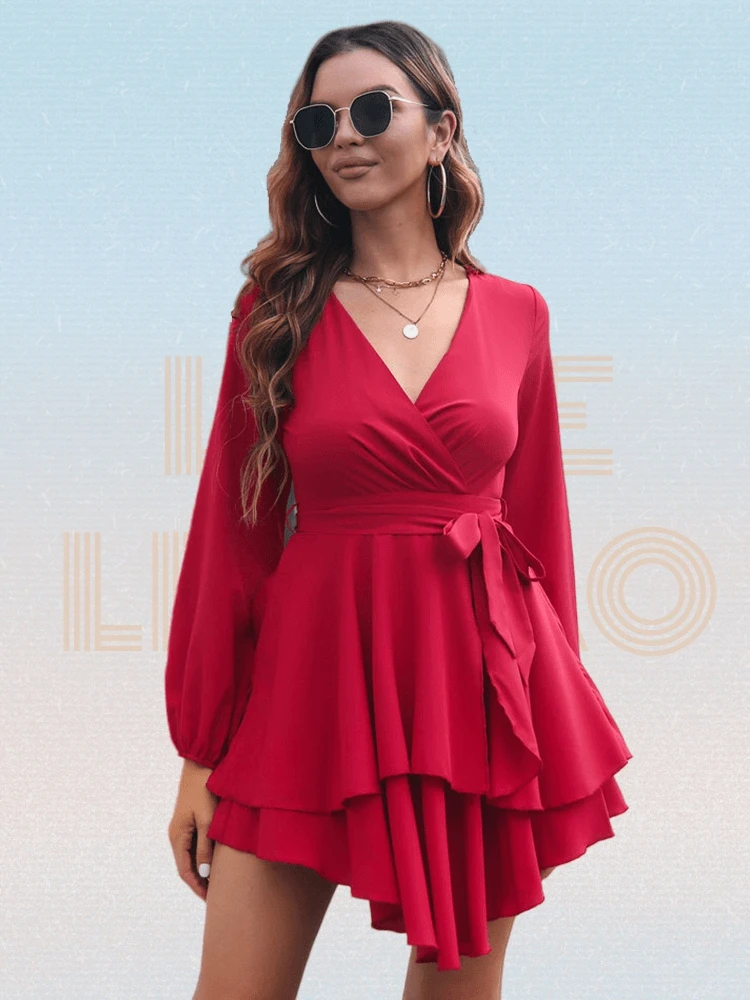 

Solid Side Wrap Deep V-neck Layered Hem Belted Front Knot Dress Women Long Sleeve A-line Dress Autumn Elegant Office Lady Dress