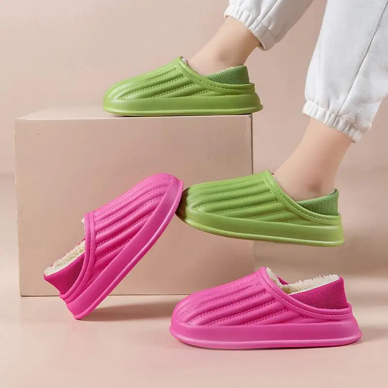 

New Waterproof Cotton Shoes For Women Autumn Winter Thicken Warm Plush House Slippers Woman Thick Sole Non Slip Couples Slippers