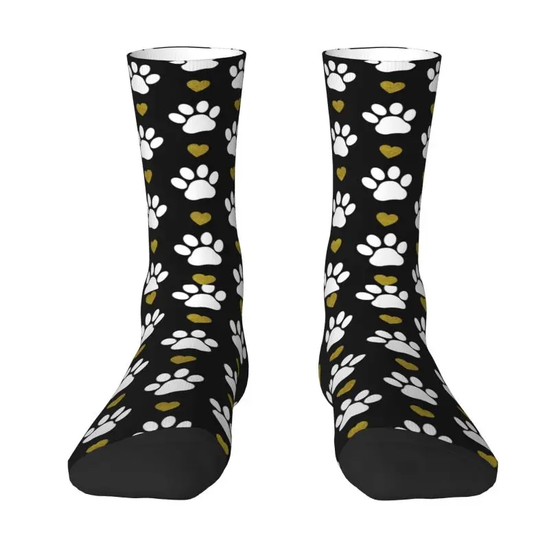

Trendy Pattern Of Paw Men Women Crew Socks Unisex Novelty 3D Printed White Dog Paws Gold Heart Dress Socks