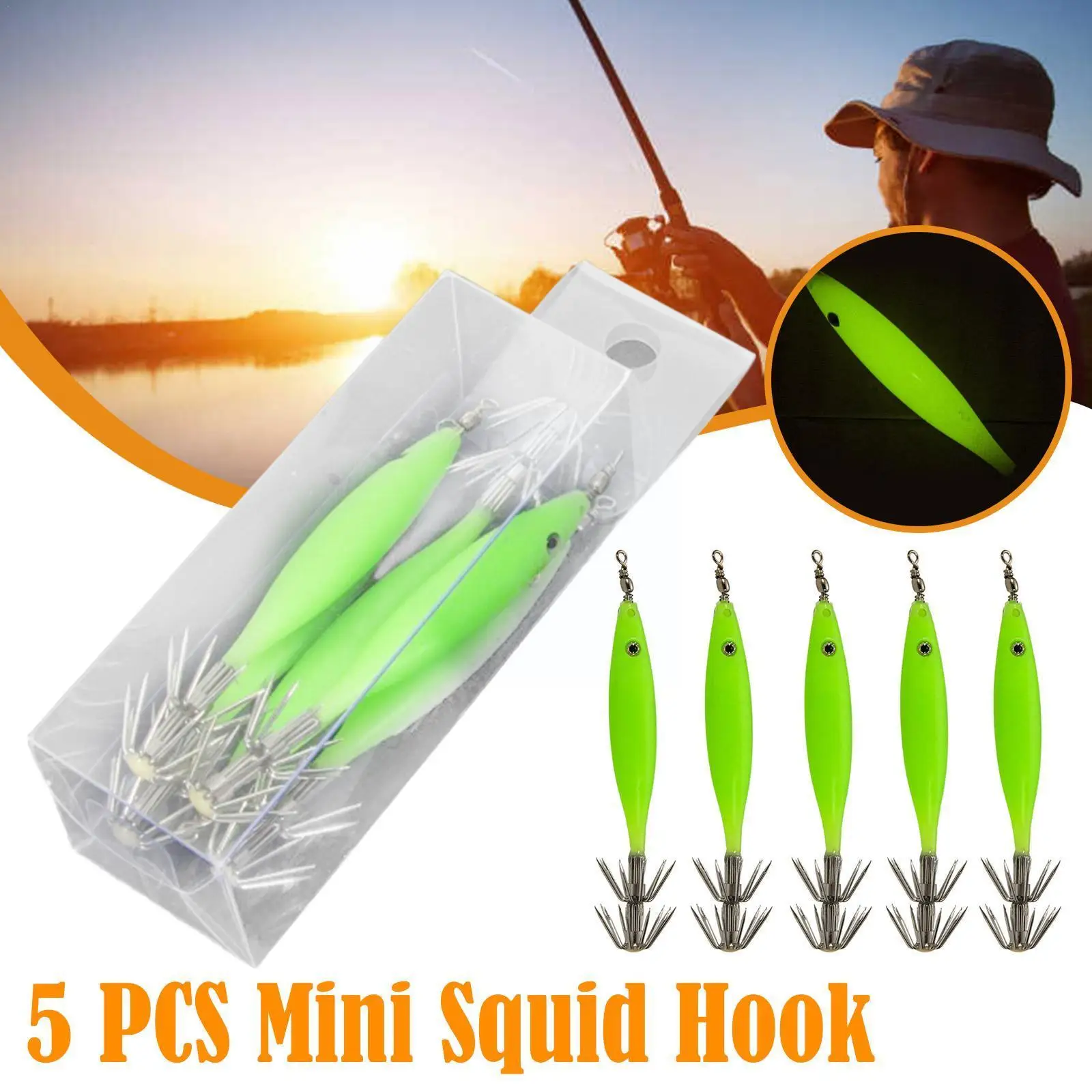 

5pcs/Set Luminous Blowing Tube Octopus Jig Hook Wood Sea Squid Bait Explosion Cloth Shrimp Roll Hook Hook Fishing M0G6