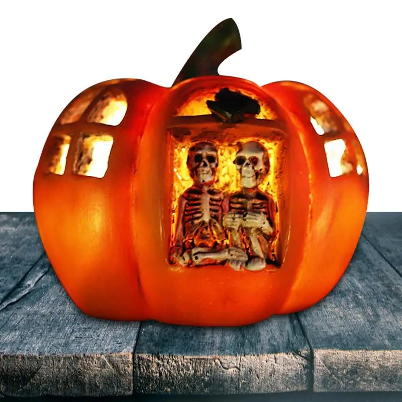 

LED Pumpkin Lights Table Lamp Skeleton Pumpkin Lights Resin Warm Lights Photo Props Flameless Lantern For Halloween Decorations