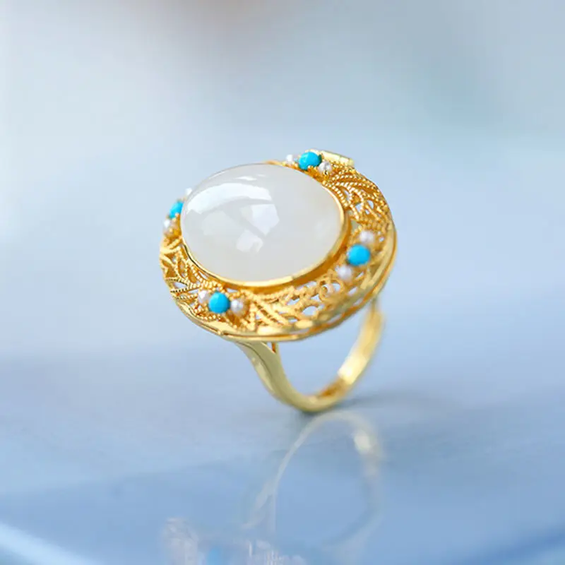 

Новые стильные серебряные инкрустированные овальные кольца из натурального нефрита для женщин Открытые регулируемые открытые элегантные ...