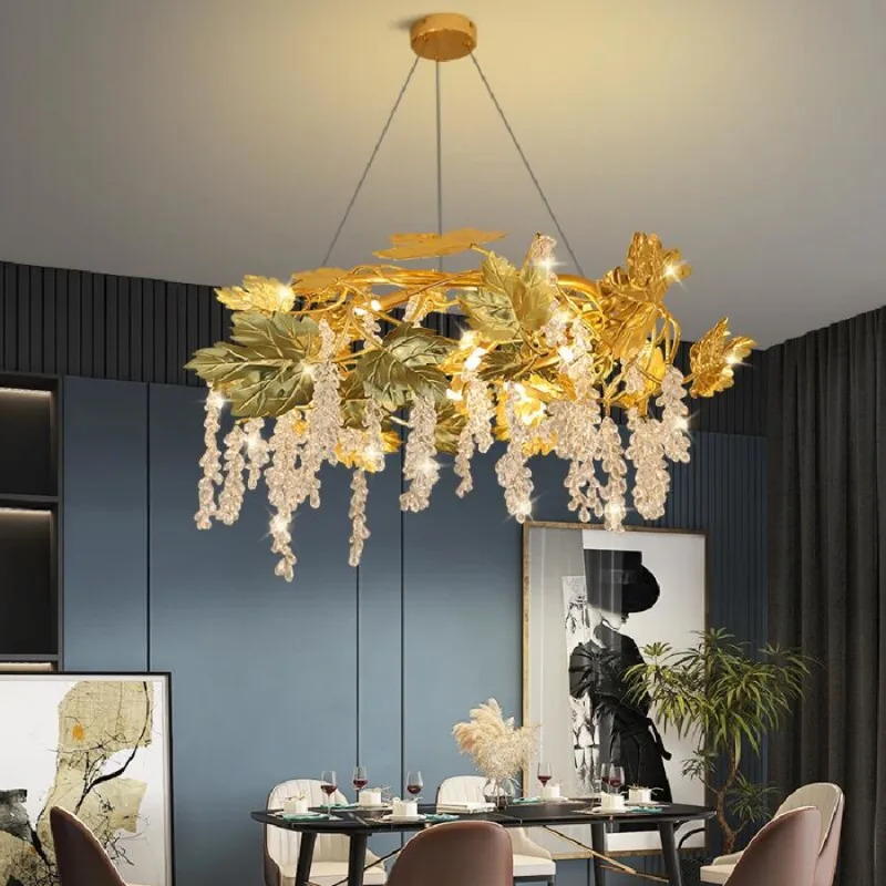 

LED pendant lamp luxury Creative Maple leaf crystal living room country retro dining golden art branch decorative lights lustre