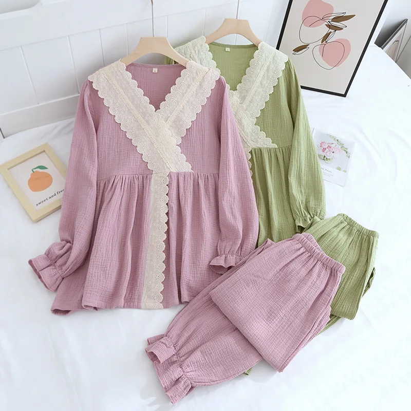 Nightclothing 2 Piece Set Ladies Thin Crepe Cotton Lace V-Neck Crossover Four Seasons Long Sleeve Pullover Seekers Pijamas Women