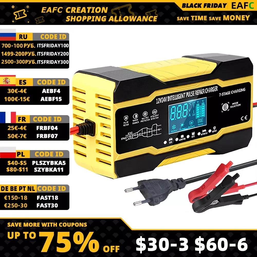 

Полностью автоматическое автомобильное зарядное устройство для аккумуляторов 12 В 10 а/24 В 5 А, 7-ступенчатая умная быстрая зарядка, импульсны...