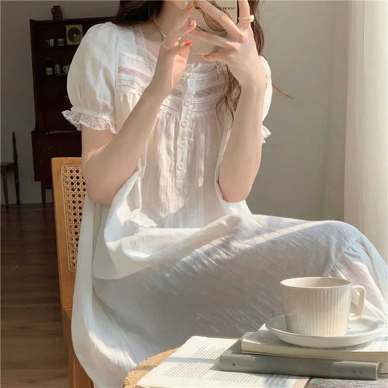 

White Square Collar Summer Nightgown Women Lace Cotton Long Sleepwear Loose Elegant Korean Sweet Plaid Night Dress Buttons
