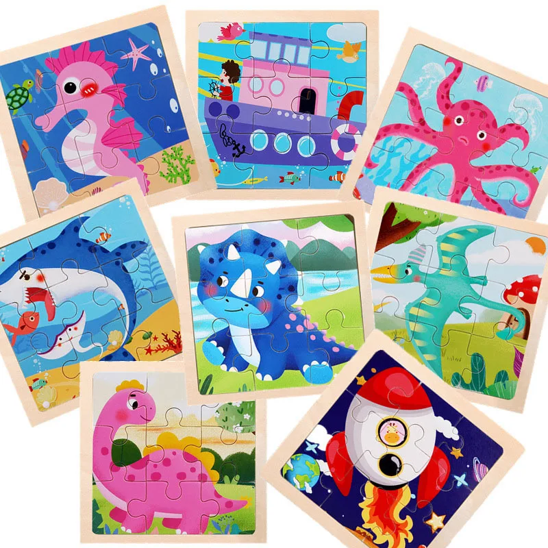 

New 9pcs Wooden 3d Puzzle Cartoon Animal Dinosaur Jigsaw Puzzle Board Game Montessori Educational Toys for Children Gift