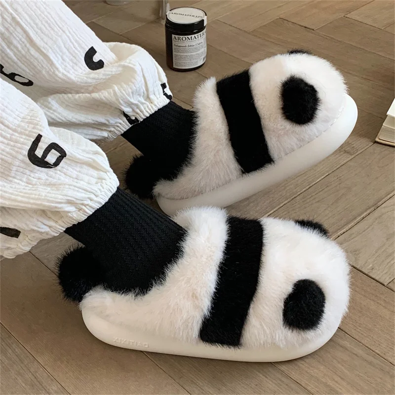 Winter Cartoon Panda Design Slippers Cotton Slip-On Women Furry Soft Sole Warm Plush Ladies' Slides Indoor Gift Memory Foam Shoe