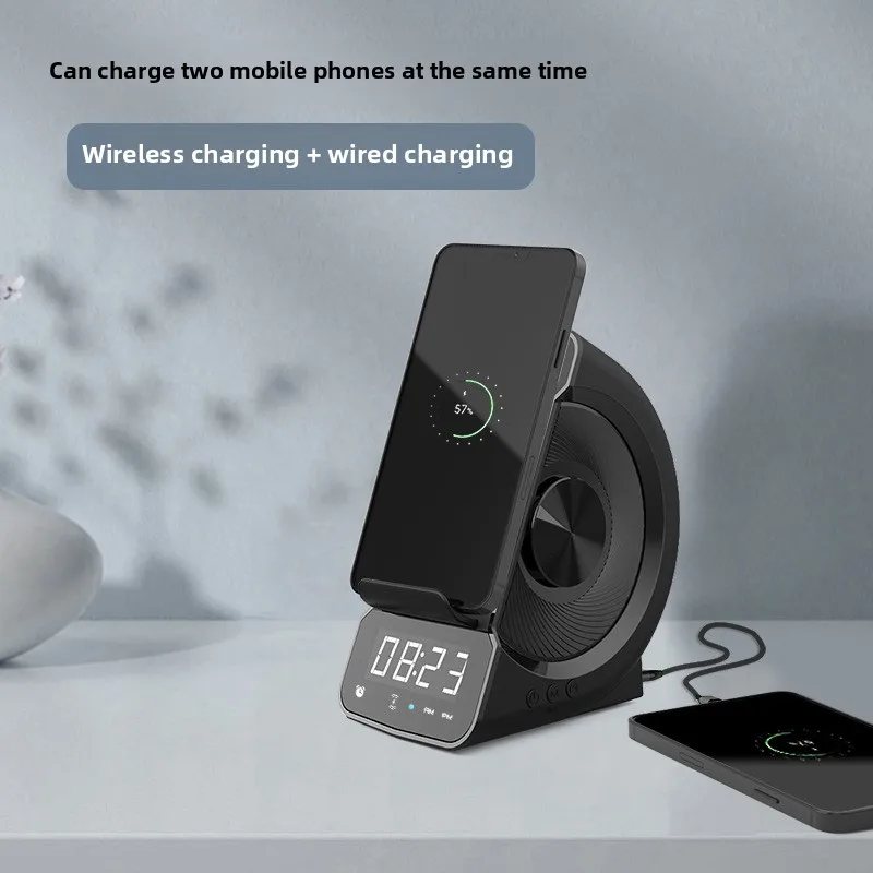 Фото Креативное беспроводное зарядное устройство, Bluetooth-динамик, будильник, дисплей, радиозарядная станция с держателем для телефона №2