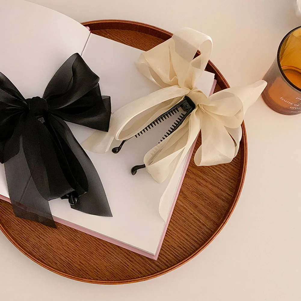 

Ribbon Bow Banana Hair Claws Clip Vertical Card Hairpin Grips Spring Barrette Sweet Band Solid Bowknot Ponytail Hair Accessories