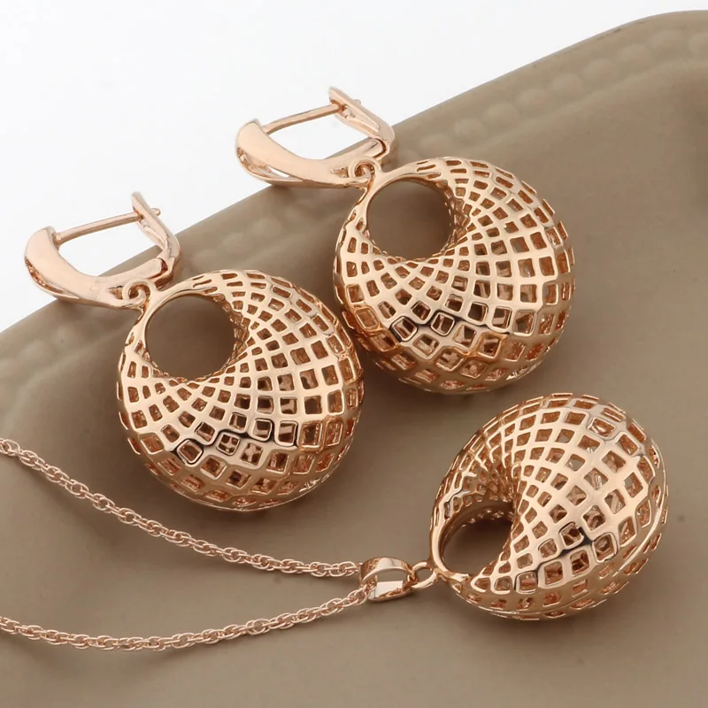

New Trendy 2022 Hollow Big Earrings And Pandent 585 Rose Gold Color Dangle Earrings For Women 2022 Fashion Jewelry Sets
