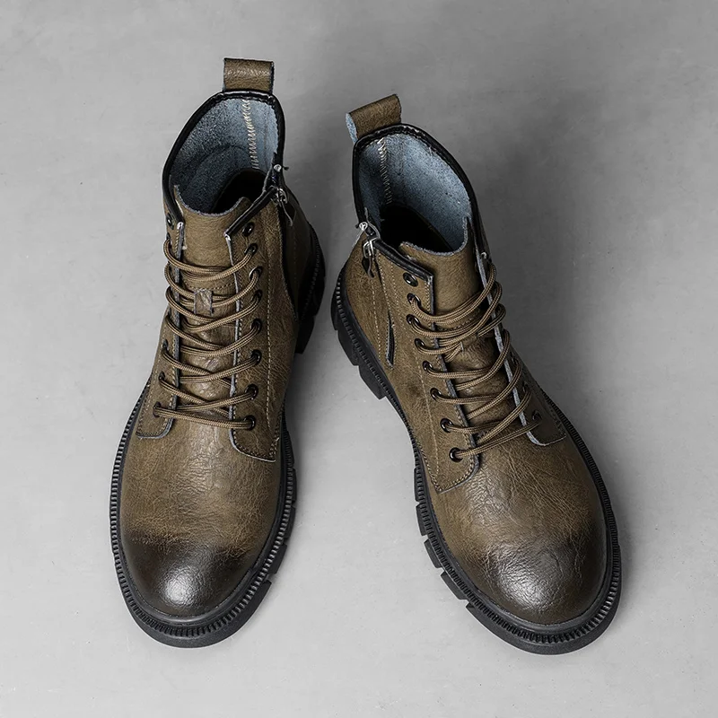 GREENGLIN-6263 New Classic Leather Men's Hiking Shoes Tie Up Men's Martin Zipper Casual Fashion Versatile Fashion Shoes