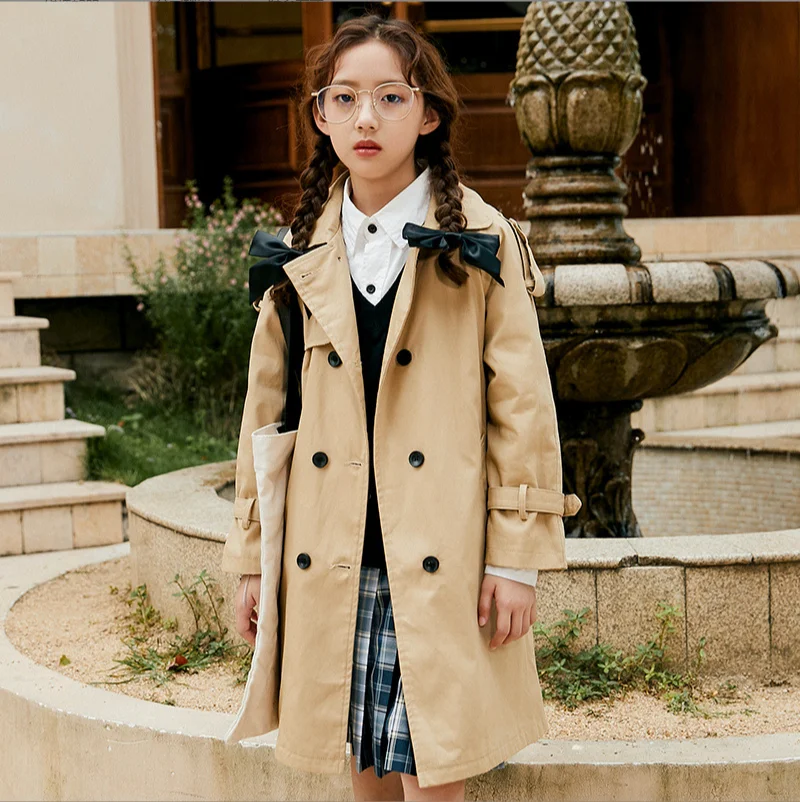 

Girls' Windbreaker Mid-length 2022 Spring New Children's British Style Double-breasted Waist Coat