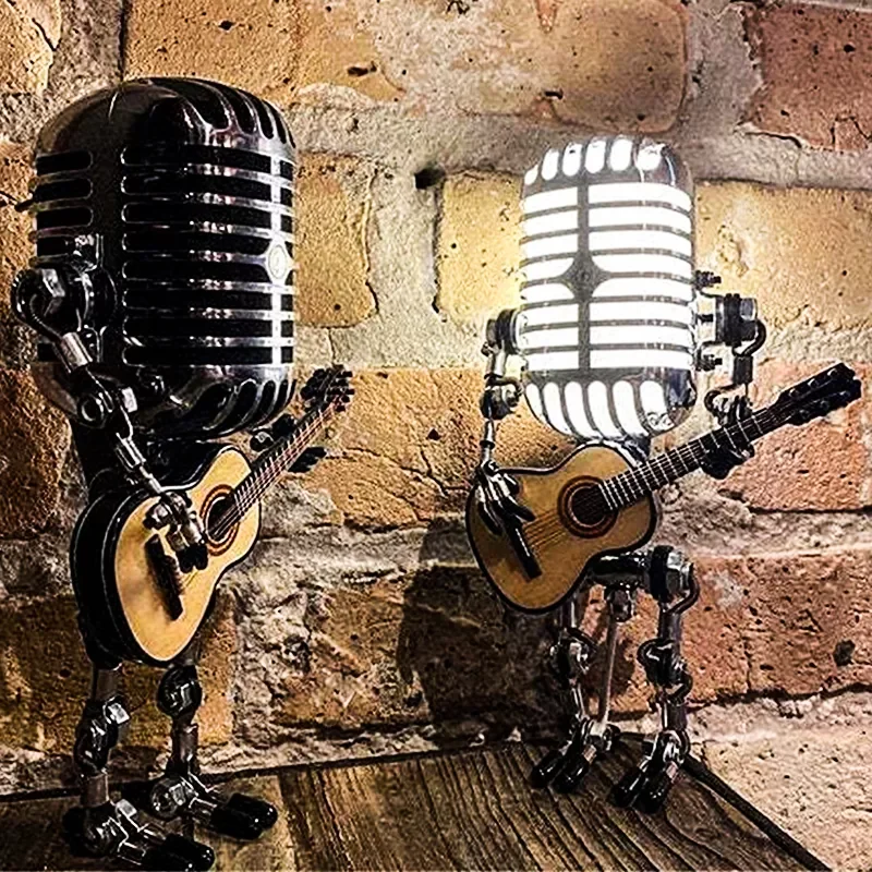 

NEW IN Metal Microphone Robot Lamp Touch Dimmer Lamp Table Lamp Vintage Metal Art USB Charging Ornament Home Decor Desktop Ornam