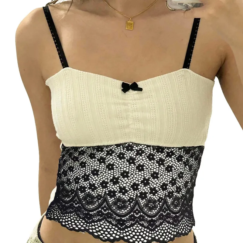 

Women Lace Camisole Crop Tops Summer Clothes 2023 Sweet Mini Sling Vest Sleeveless Backless Floral Patchwork Tops y2k Streetwear