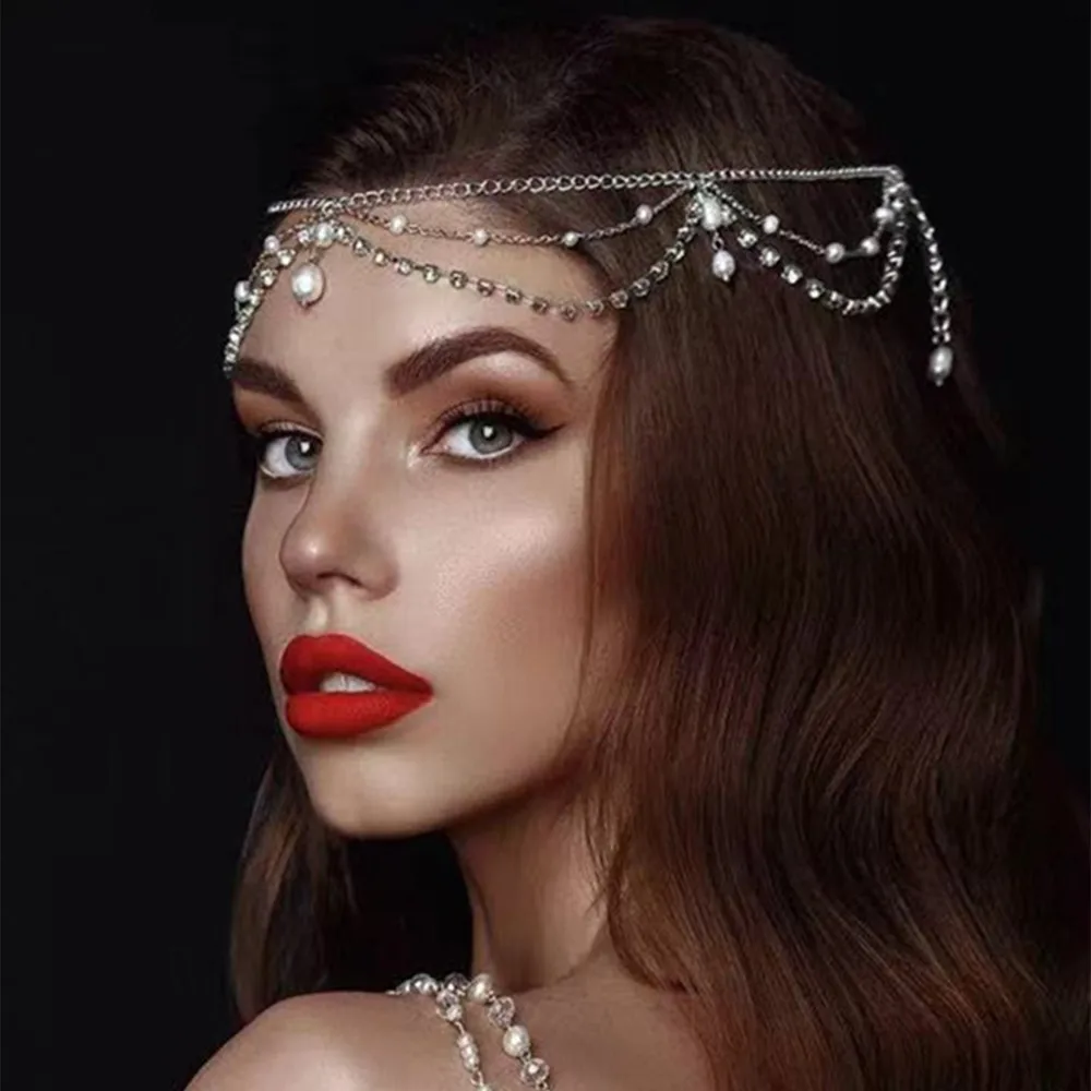 

INS Luxury Bridal Hairband Crystal Metal Tassel Chain Forehead Head Chain Jewelry for Women Rhinestone Pearls Headband Headpiece