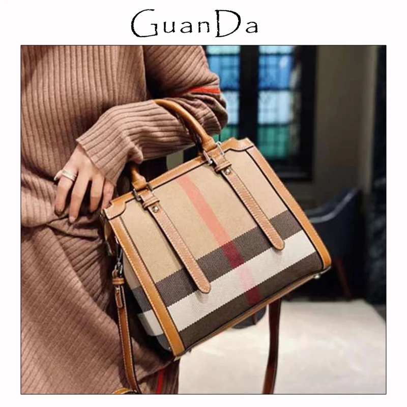 

Fashion Boston Pillow Women's Bag Versatile Striped Plaid Canvas Top Handle Female Messenger Bags Luxury New Ladies Shoulder Bag